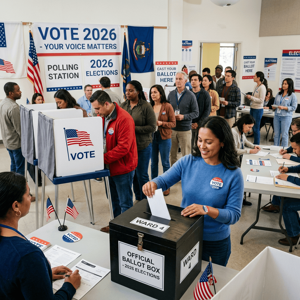 Voters casting ballots at a polling station labeled Vote 2026